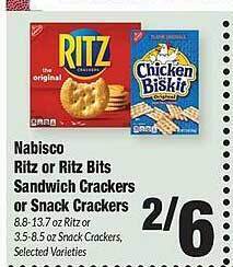 Nabisco ritz or ritz bits sandwich crackers or snack crackers