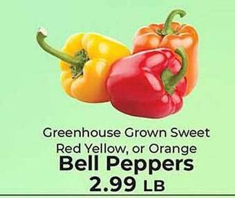 Sunset Foods Greenhouse grown sweet red yellow, or orange bell peppers offer