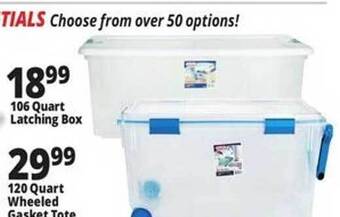 Ocean State Job Lot 106 quart latching box, 120 quart wheeled gasket tote offer