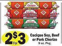 Sellers Bros Cacique soy, beef or pork chorizo offer