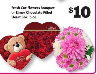 Family Dollar Fresh cut flowers bouquet or elmer chocolate filled heart box offer