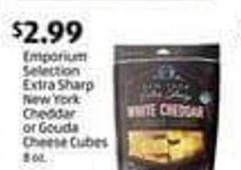 Aldi Emporium selection extra sharp new york cheddar or gouda cheese cubes offer