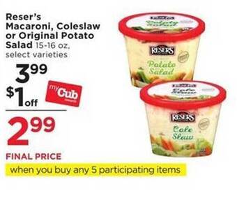 Cub Foods Reser's macaroni coleslaw or original potato salad offer
