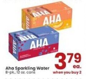 Albertsons Aha Sparkling Water 8-pk., 12 oz cans offer