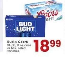 Albertsons Bud or Coors 18-pk., 12 oz cans or btls. offer