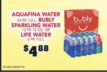 Fareway Aquafina Water 24 Pk 1-2 L, Bubly Sparkling Water 12 Pk 12 Oz, Or Life Water 6 Pk 1-2 L offer