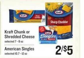 Lowes Foods Kraft Chunk Or Shredded Cheese 7-8 Oz, American Singles 10.7-12 Oz offer