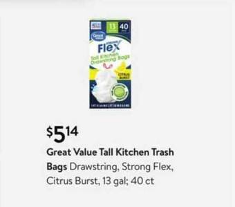 Walmart Great Value Tall Kitchen Trash Bags Drawstring, Strong Flex, Citrus Burst offer