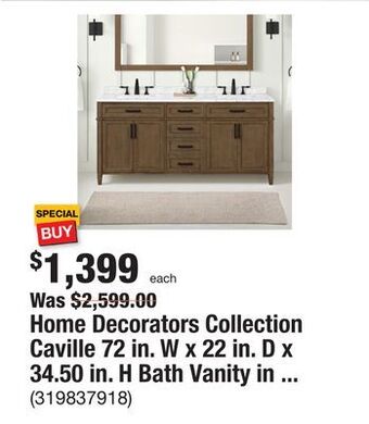 The Home Depot Home decorators collection caville 72 in. w x 22 in. d x 34.50 in. h bath vanity in almond latte with carrara marble top offer