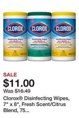Office Depot Clorox® disinfecting wipes, 7" x 8", fresh scent/citrus blend, 75 wipes per canister, pack of 3 canisters offer