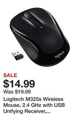 Office Depot Logitech m325s wireless mouse, 2.4 ghz with usb unifying receiver, 1000 dpi optical tracking, 18-month life battery, black offer