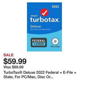 Office Depot Turbotax® deluxe 2022 federal + e-file + state, for pc/mac, disc or download offer