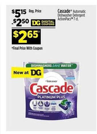 Dollar General Cascade automatic dishwasher detergent actionpacs offer
