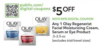 Publix Any 1 Olay Regenerist Facial Moisturizing Cream Serum or Eye Product .5-2.5.oz offer