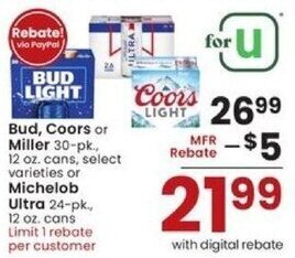 Albertsons Bud, Coors or Miller 30-pk 12 oz. cans offer