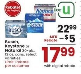 Albertsons Busch, Keystone or Natural 30-pk 12 oz. cans offer
