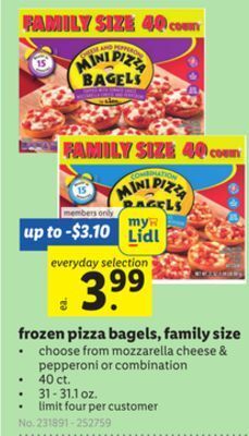 Lidl Frozen pizza bagels, family size offer