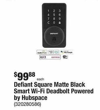The Home Depot Defiant square matte black smart wi-fi deadbolt powered by hubspace offer
