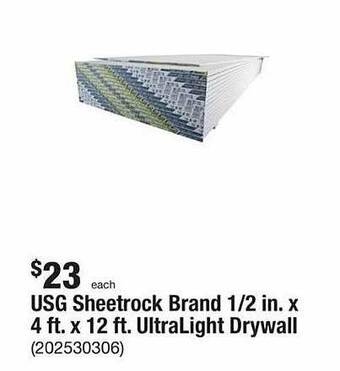 The Home Depot Usg sheetrock brand 1-2 in. x 4 ft. x 12 ft. ultralight drywall offer