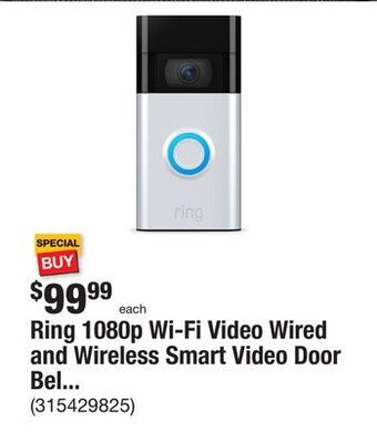 The Home Depot Ring 1080p wi-fi video wired and wireless smart video door bell camera, works with alexa, satin nickel offer