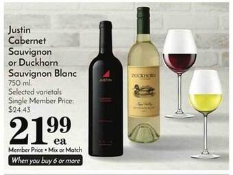 Pavilions Justin cabernet sauvignon or duckhorn sauvignon blanc offer