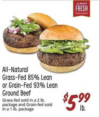 Sprouts Farmers Market All-natural grass-fed 85% lean or grain-fed 93% lean ground beef offer