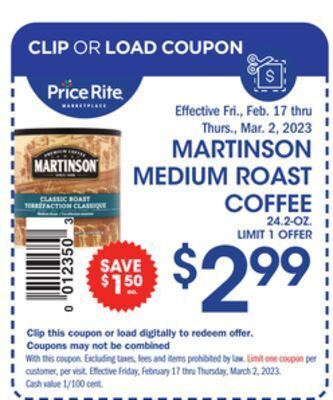 Price Rite Martinson medium roast coffee offer