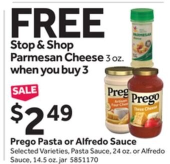 Stop&Shop Prego pasta or alfredo sauce offer