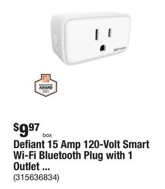 The Home Depot Defiant 15 amp 120-volt smart wi-fi bluetooth plug with 1 outlet powered by hubspace offer