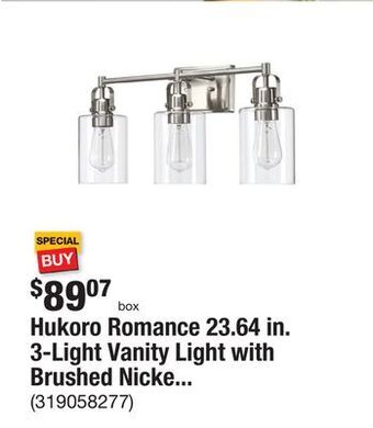 The Home Depot Hukoro romance 23.64 in. 3-light vanity light with brushed nickel finish and clear glass shade offer