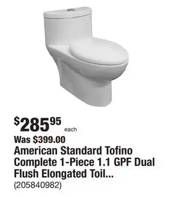 The Home Depot American standard tofino complete 1-piece 1.1 gpf dual flush elongated toilet in white with slow close seat offer