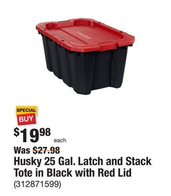 The Home Depot Husky 25 gal. latch and stack tote in black with red lid offer