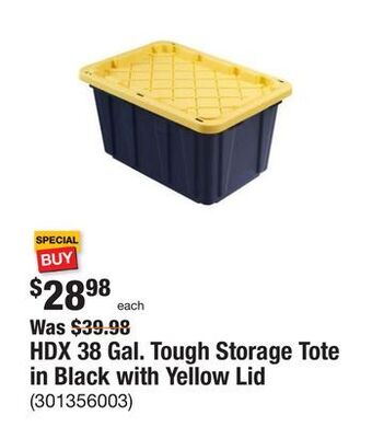 The Home Depot Hdx 38 gal. tough storage tote in black with yellow lid offer