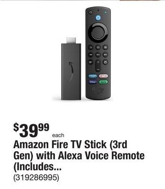The Home Depot Amazon fire tv stick (3rd gen) with alexa voice remote (includes tv controls) hd streaming device 2021 release in black offer