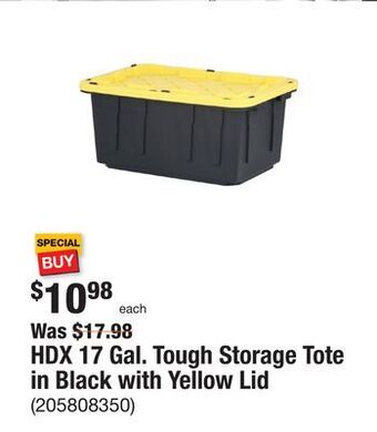 The Home Depot Hdx 17 gal. tough storage tote in black with yellow lid offer