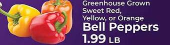 Sunset Foods Greenhouse grown sweet red, yellow, or orange bell peppers offer