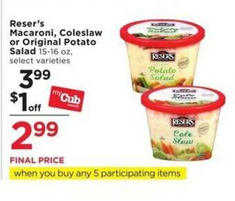 Cub Foods Reser's macaroni, coleslaw or original potato salad offer