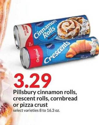 Hy-Vee Pillsbury cinnamon rolls, crescent rolls, cornbread or pizza crust offer