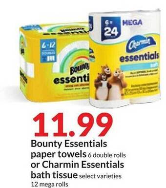 Hy-Vee Bounty essentials paper towels or charmin essentials bath tissue offer