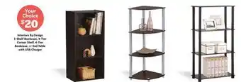 Family Dollar Interiors by design 3-shelf bookcase, 4-tier corner shelf, 4-tier bookcase, or end table with usb charger offer