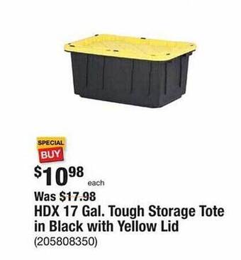 The Home Depot Hdx 17 gal. tough storage tote in black with yellow lid offer