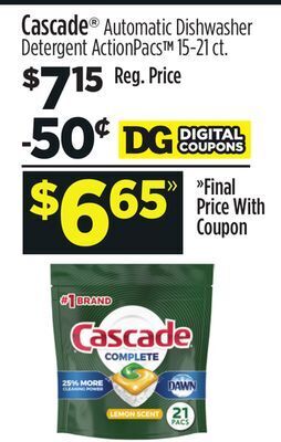 Dollar General Cascade® automatic dishwasher detergent actionpacs™ offer
