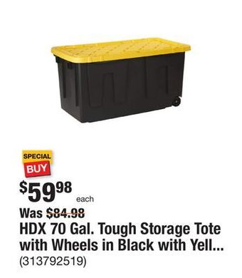 The Home Depot Hdx 70 gal. tough storage tote with wheels in black with yellow lid offer