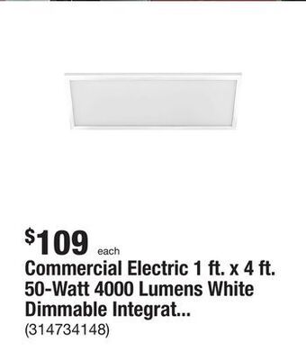 The Home Depot Commercial electric 1 ft. x 4 ft. 50-watt 4000 lumens white dimmable integrated led edge-lit flat panel flush mount light col offer