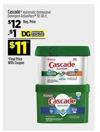 Dollar General Cascade automatic dishwasher detergent actionpacs offer
