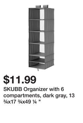 Ikea Skubb organizer with 6 compartments, dark gray, 13 ¾x17 ¾x49 ¼ " offer