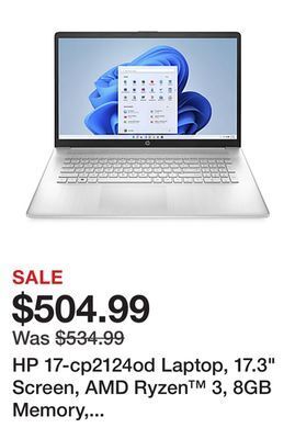 Office Depot Hp 17-cp2124od laptop, 17.3" screen, amd ryzen™ 3, 8gb memory, 256gb solid state drive, wi-fi 6, windows® 11 home offer