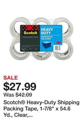 Office Depot Scotch® heavy-duty shipping packing tape, 1-7/8" x 54.6 yd., clear, pack of 6 rolls offer