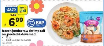 Lidl Frozen jumbo raw shrimp tail on, peeled & deveined offer