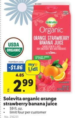 Lidl Solevita organic orange strawberry banana juice offer